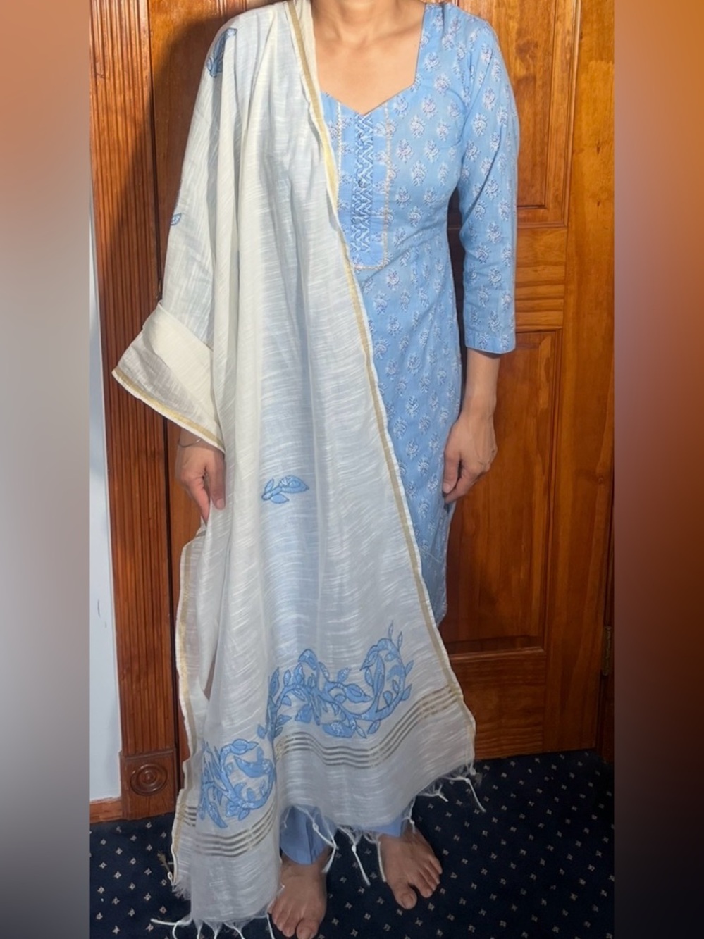 Light Blue Embroidered Kurta Set with Ivory Dupatta